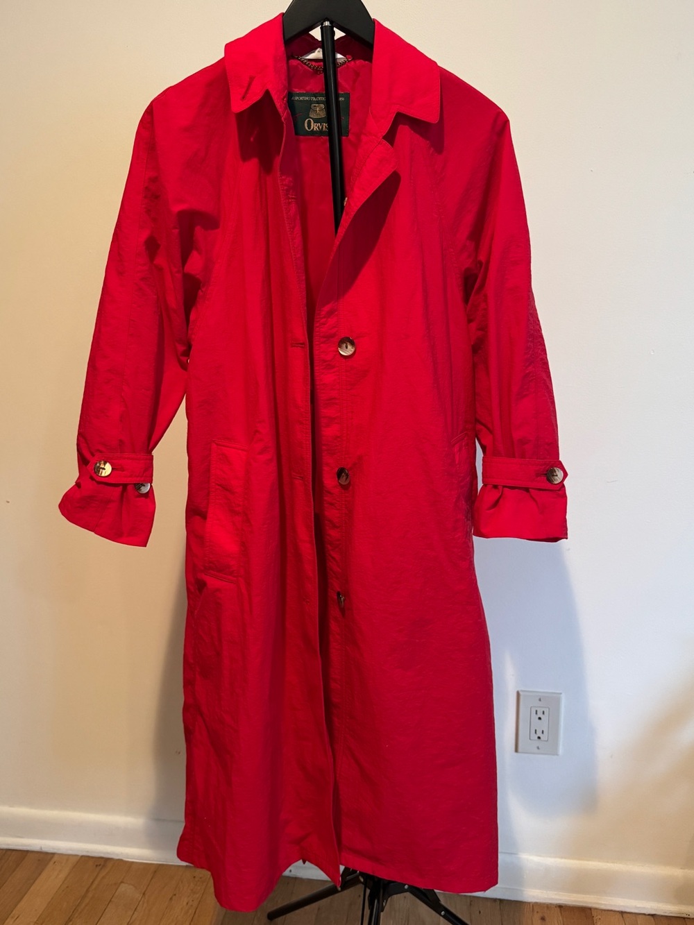 Orvis Womens Small Red Long Trench Rain Coat Lightweight Button Front